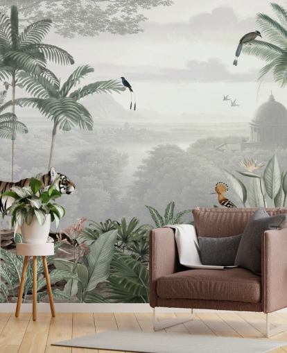 papier peint jungle avec tigre et oiseaux
