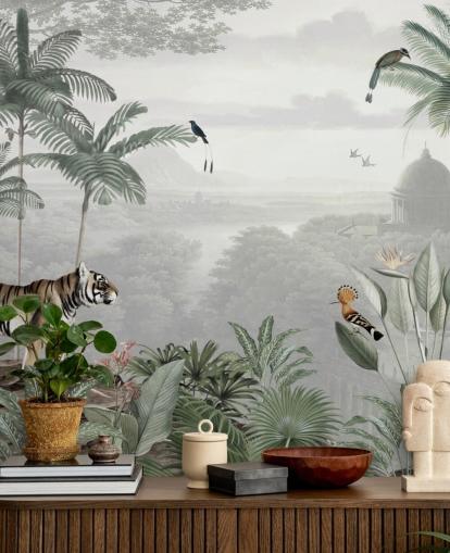 jungle with tiger and birds wallpaper
