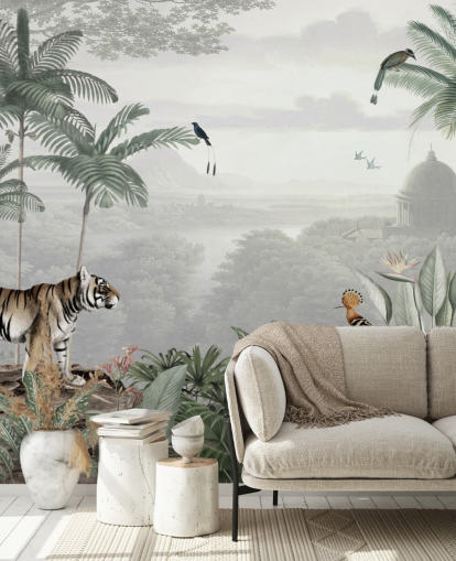 selva com tigre e pássaros papel de parede