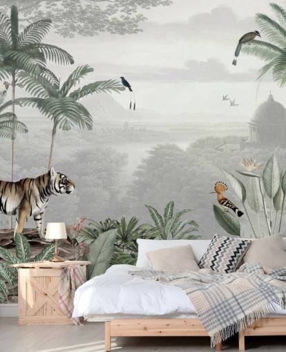 papier peint jungle avec tigre et oiseaux
