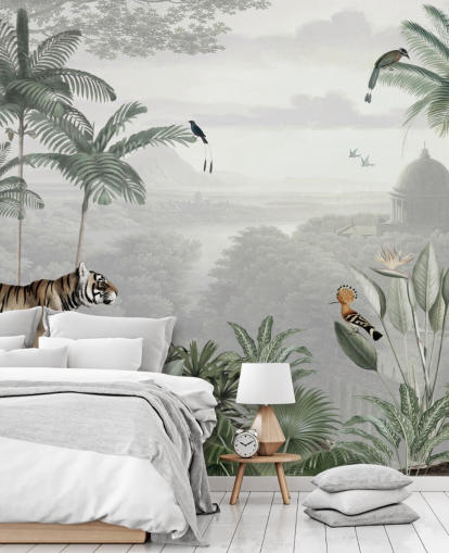 Fondo de pantalla de selva con tigre y pájaros