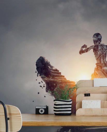 cyberwoman en cours d'exécution des marches dans l'espace papier peint