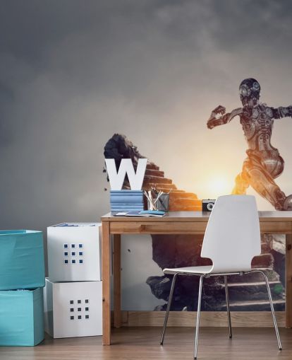 cyberwoman subindo degraus no papel de parede espacial