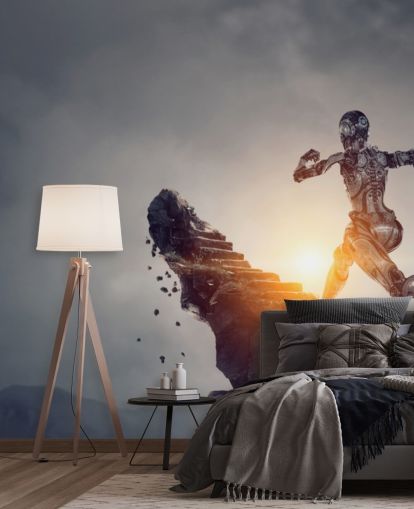 cyberwoman running up steps in space wallpaper