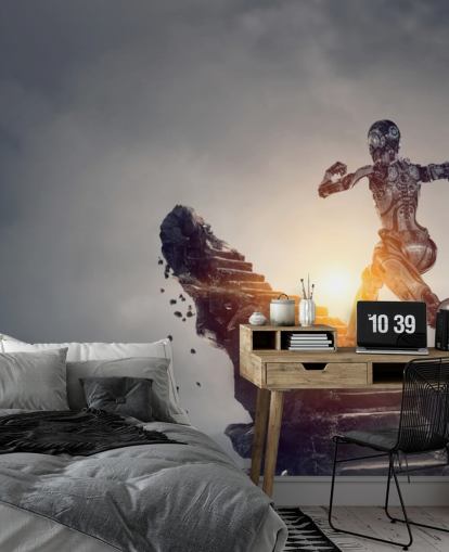 cyberwoman running up steps in space wallpaper