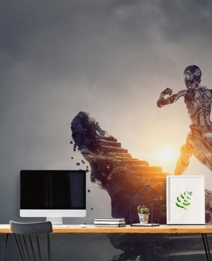 cyberwoman che corre su gradini nello spazio carta da parati