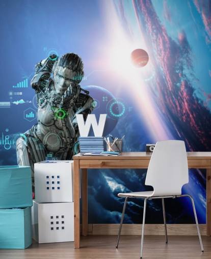 cyberwoman devant le fond d'écran de la terre