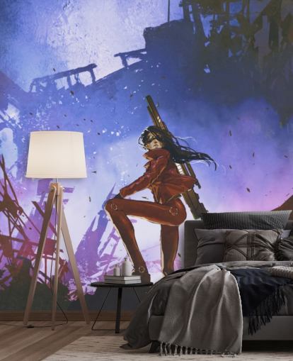 femme soldat parmi les ruines papier peint