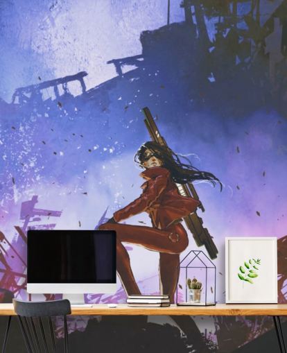 fondo de pantalla de mujer soldado entre ruinas