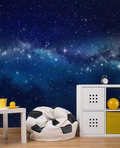 blå og sort tilpasselig rumtapet kaldet Star Cloud til soveværelser