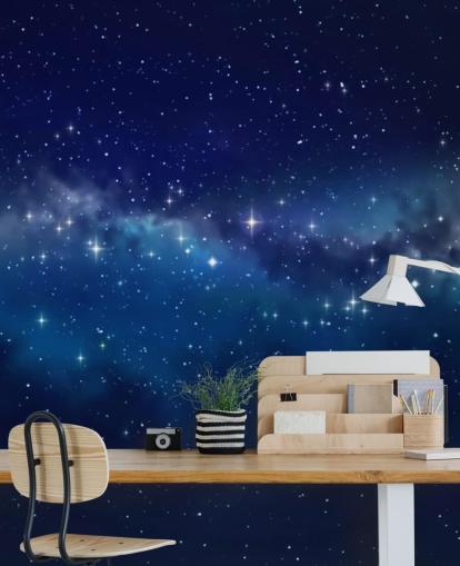 papel pintado espacial personalizable azul y negro llamado Star Cloud para dormitorios