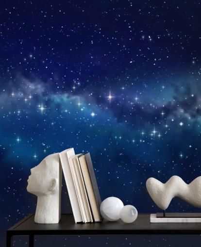 blå og sort tilpasselig rumtapet kaldet Star Cloud til soveværelser