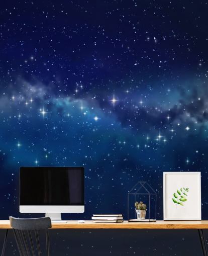 blauw en zwart aanpasbaar ruimtebehang genaamd Star Cloud voor slaapkamers