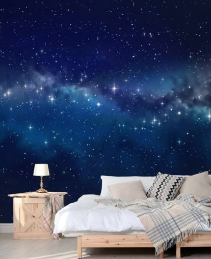 papel pintado espacial personalizable azul y negro llamado Star Cloud para dormitorios