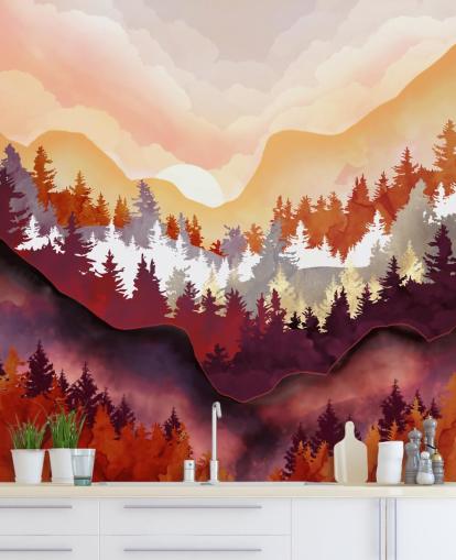 papel de parede de montanha abstrato laranja e vermelho