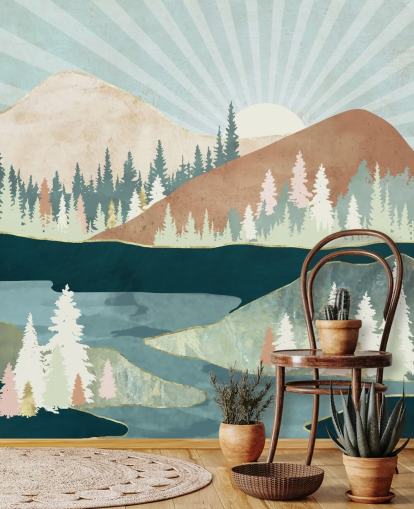 papel de parede montanhas verdes e pêssego