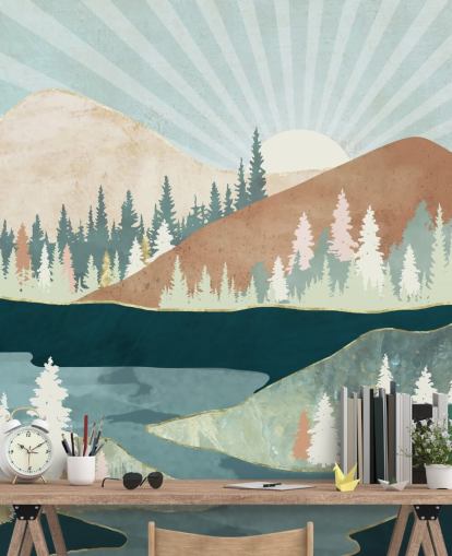 green and peach mountains wallpaper