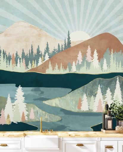 green and peach mountains wallpaper