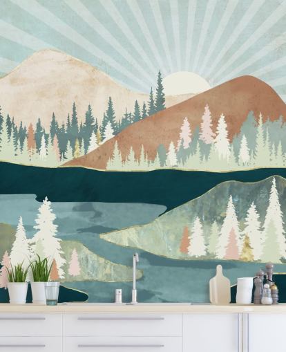 papel de parede montanhas verdes e pêssego