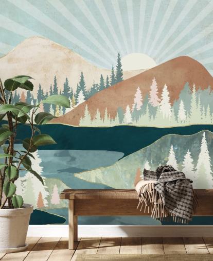 papel de parede montanhas verdes e pêssego