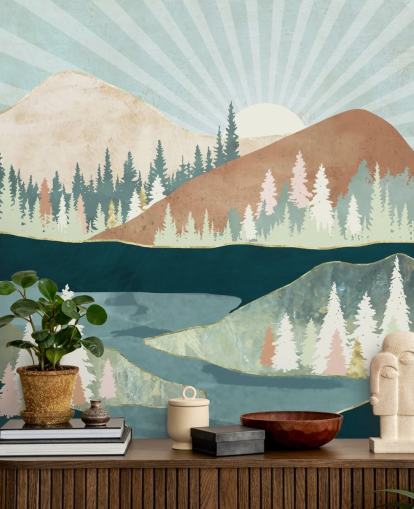 green and peach mountains wallpaper