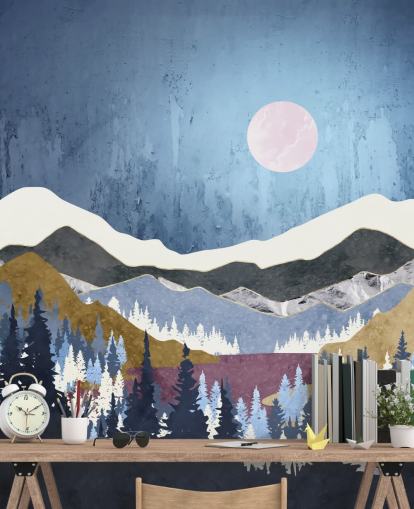 blue mountains paired with mossy green and purple hills wallpaper