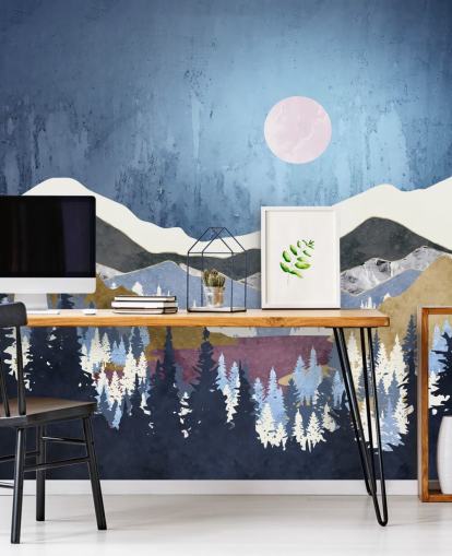 blue mountains paired with mossy green and purple hills wallpaper