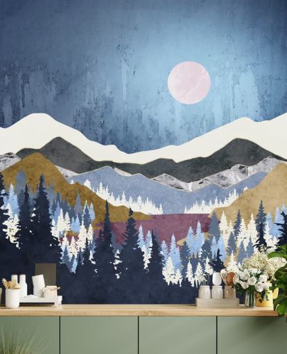 blå berg parat med mossiga gröna och lila kullar tapet