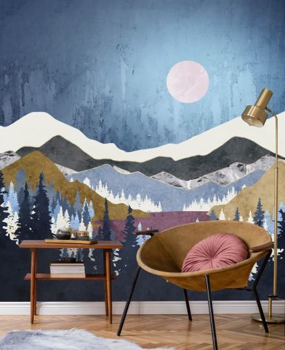 blue mountains paired with mossy green and purple hills wallpaper