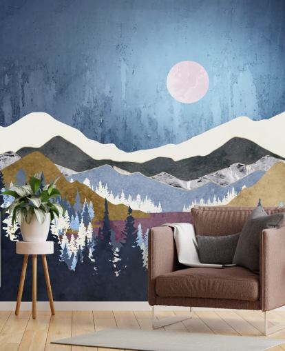blue mountains paired with mossy green and purple hills wallpaper