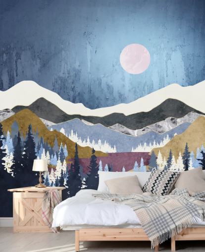 blue mountains paired with mossy green and purple hills wallpaper