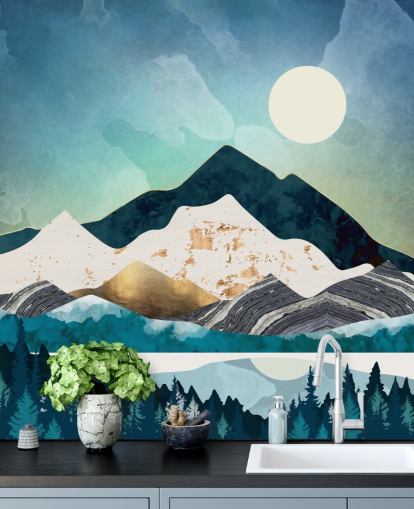 papel pintado de montañas abstractas azul marino y azul claro