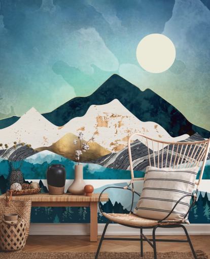 marineblå og lyseblå abstrakte bjerge tapet