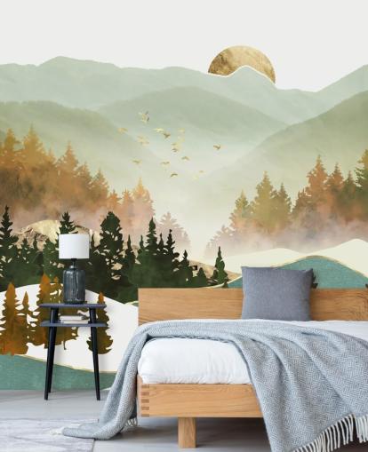 papel pintado de montaña verde pálido y dorado