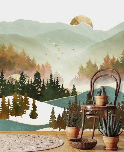 papel pintado de montaña verde pálido y dorado