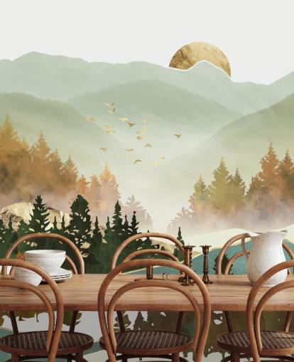 papel pintado de montaña verde pálido y dorado