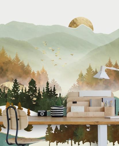 papel pintado de montaña verde pálido y dorado papel pintado de montaña verde pálido y dorado