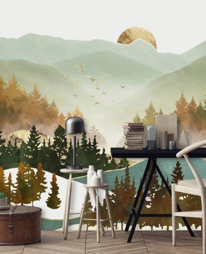 pale green and gold mountain wallpaper