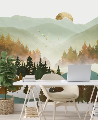 pale green and gold mountain wallpaper