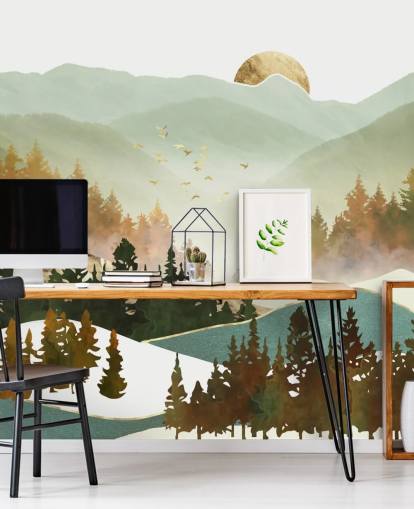 carta da parati montagna verde pallido e oro