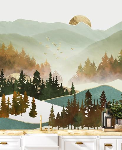 blassgrüne und goldene Bergtapete