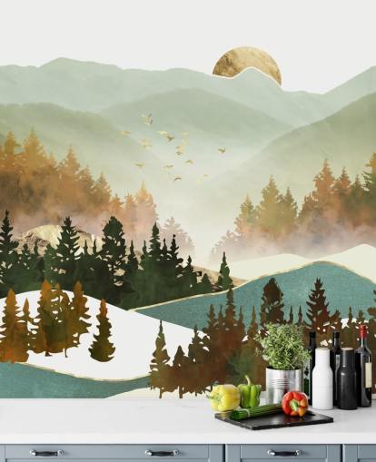 papel pintado de montaña verde pálido y dorado