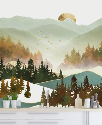 papel pintado de montaña verde pálido y dorado