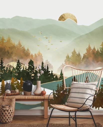 blassgrüne und goldene Bergtapete