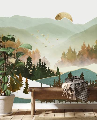 pale green and gold mountain wallpaper
