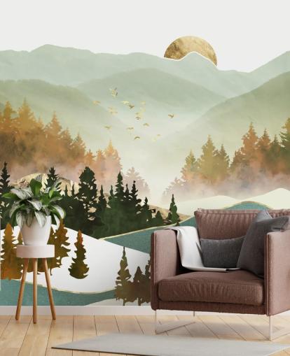 pale green and gold mountain wallpaper