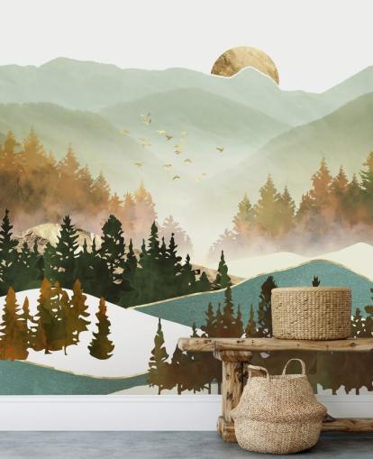 papel pintado de montaña verde pálido y dorado papel pintado de montaña verde pálido y dorado