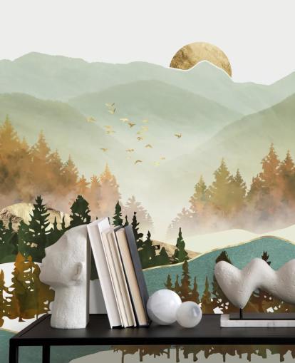 papel pintado de montaña verde pálido y dorado