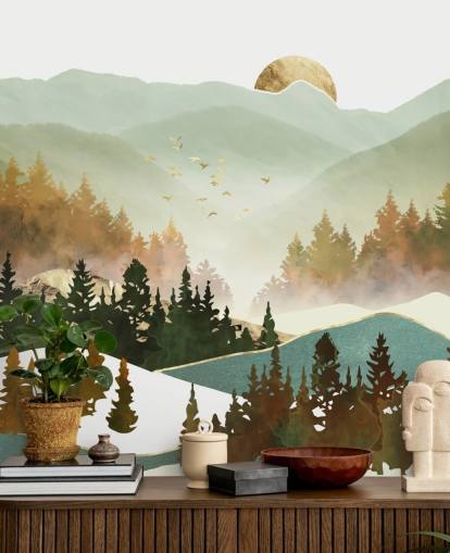 pale green and gold mountain wallpaper