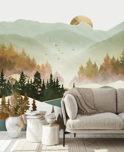 pale green and gold mountain wallpaper